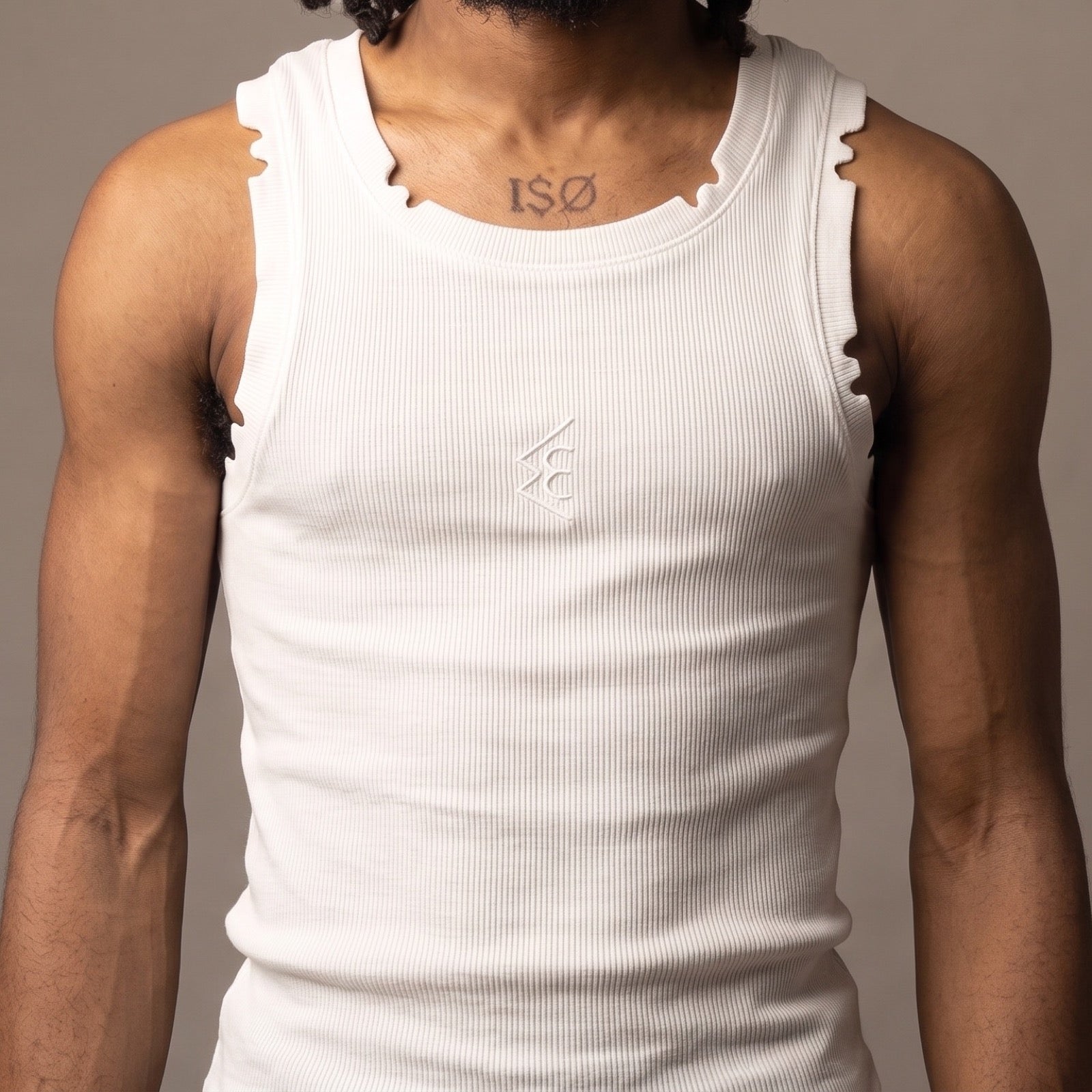 WATTS KEEN tank top in white, front view, showing the castellated hand-cut notches along the neckband and armholes